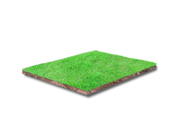 Wall Mural - 3D render. Soil cubical cross section with green grass isolated on white background