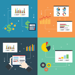 Sticker - Investment, chart, monitoring, finance, money and growth icons. Concepts of financial market, investment chart, monitoring finance and chart analytics. Flat design icons in vector illustration.