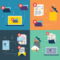Poster - Computer, trash digital, documents and cloud computing icons. Concepts of delete folder, trash digital, destroy data and cloud computing trash. Flat design icons in vector illustration.