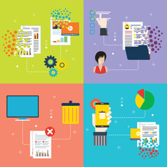 Poster - Computer, trash digital, documents and cloud computing icons. Concepts of deleting files, delete documents, computer trash and smartphone data destroy. Flat design icons in vector illustration.