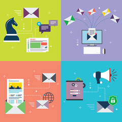 Poster - Strategy, communication, safety, marketing and business icons. Concepts of communication, strategy email sending, newsletter and safety send email. Flat design icons in vector illustration.