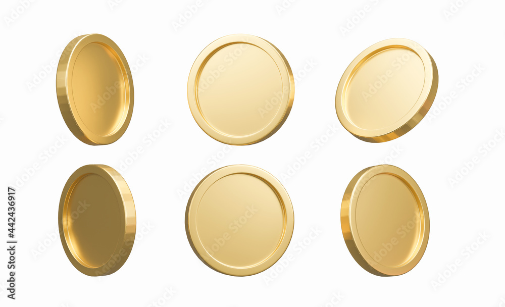 3D Render. Set of gold coins isolated on background in different ...