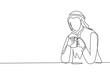 © Simple Line - Single continuous line drawing young Arabian man sitting and holding a cup of coffee in one hand. Enjoy morning before work at office. Success person. One line draw graphic design vector illustration