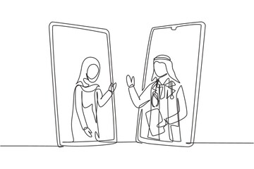 Poster - Continuous one line drawing two smartphones face to face and contain hijab female patient and Arab male doctor with their bodies as if coming out of smartphone. Single line draw design vector graphic