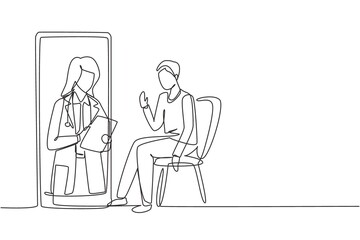 Wall Mural - Continuous one line drawing female doctor holding clipboard checking condition of male patient sitting on chair. Online doctor consultation concept. Single line draw design vector graphic illustration