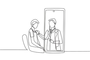 Wall Mural - Single continuous line drawing male doctor comes out of smartphone screen and checks male patient's heart rate using a stethoscope sitting on chair. One line draw graphic design vector illustration