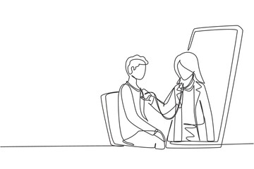 Poster - Continuous one line drawing female doctor comes out of smartphone screen and checks male patient's heart rate using a stethoscope sitting on chair. Single line draw design vector graphic illustration