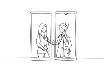 Poster - Single continuous line drawing two smartphones facing each other with female doctor checking heart rate of female patient using stethoscope. Dynamic one line draw graphic design vector illustration