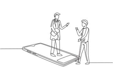 Poster - Single continuous line drawing male doctor standing on smartphone, in front of his standing male patient. Online medical services and consultation. One line draw graphic design vector illustration