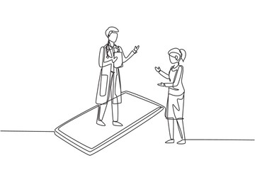 Poster - Single one line drawing male doctor standing on smartphone, in front of his standing female patient. Online medical consultation concept. Modern continuous line draw design graphic vector illustration