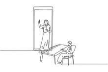 Single Continuous Line Drawing Arab Male Teacher Standing In Front Of Smartphone Screen Holding Book And Teaching Arabian Male Students Sitting On Benches Around Desk. Dynamic One Line Draw Graphic