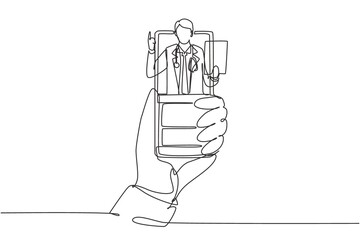 Wall Mural - Continuous one line drawing hand holding smartphone and there is male doctor coming out of smartphone screen holding clipboard. Online consultation concept. Single line draw design vector graphic