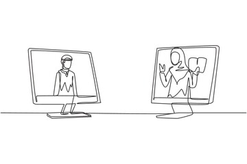 Poster - Single continuous line drawing two monitors are standing in front of each other, one side contains Arab male student studying and the other contains hijab female teacher teaching. Dynamic one line