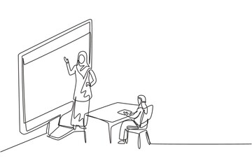 Poster - single one line drawing arabian female teacher standing in front of monitor screen holding book and 