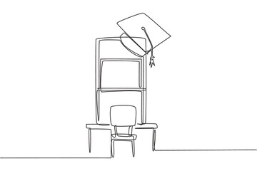 Poster - single continuous line drawing empty study chairs and desks facing smartphone screen in which there 