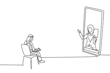 Poster - Continuous one line drawing Arabian male student sitting studying staring at monitor screen and inside laptop there is hijab female lecturer who is teaching. Single design vector graphic illustration