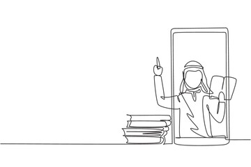 Poster - single continuous line drawing arabian male teacher is teaching, half of his body is out of smartpho