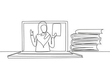 Poster - single one line drawing arabian female teacher is teaching, half of her body is out of laptop screen