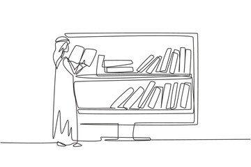 Poster - Continuous one line drawing Arab male college student reading book while standing in front of monitor with bookshelf on screen. Education concept. Single line draw design vector graphic illustration