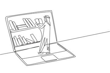 Poster - single continuous line drawing young arab male college student reading book while standing in front 
