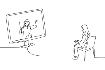 Poster - Continuous one line drawing hijab female student sitting studying staring at monitor screen and inside laptop there is male Arabian lecturer who is teaching. Single design vector graphic illustration