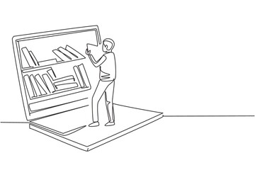 Poster - Single continuous line drawing male student reading book while standing in front of large laptop with bookshelf on screen. Mobile education. Dynamic one line draw graphic design vector illustration