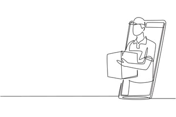 Poster - Continuous one line drawing male courier delivers box package, through smartphone screen. E-commerce. Online delivery service. Fast delivery parcel concept. Single line draw design vector illustration