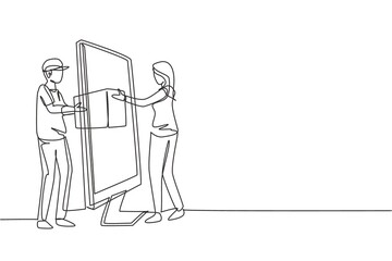 Poster - Single continuous line drawing male courier delivers box package, through monitor screen to female customer. Online delivery service concept. Dynamic one line draw graphic design vector illustration