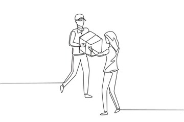 Poster - Single one line drawing courier gives package box to female customer. Online shopping. Online delivery service. Fast delivery parcel concept. Continuous line draw design graphic vector illustration