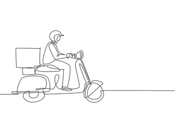Poster - Single continuous line drawing courier riding scooter with box package. Online shopping. Online delivery service. Fast delivery parcel concept. Dynamic one line draw graphic design vector illustration