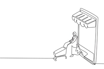 Poster - Single one line drawing Arab woman coming out of canopy smartphone screen pushing a shopping cart. Digital lifestyle consumerism concept. Modern continuous line draw design graphic vector illustration