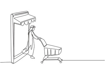 Poster - Single one line drawing Arab man coming out of canopy smartphone screen pushing a shopping cart. Digital lifestyle consumerism concept. Modern continuous line draw design graphic vector illustration