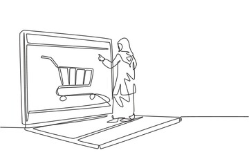 Poster - Single continuous line drawing young Arabian woman shopping through laptop screen with shopping cart. E-commerce, digital lifestyle concept. Dynamic one line draw graphic design vector illustration