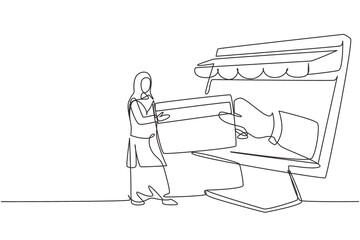 Poster - Single continuous line drawing Arab woman inserting credit card into large canopy monitor screen and accepted by hand. Digital payment concept. Dynamic one line draw graphic design vector illustration