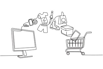 Aufkleber - Single one line drawing monitor screen and shopping cart with products purchased online. E-commerce and digital marketing. Order to cart. Modern continuous line draw design graphic vector illustration