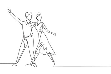 Poster - Continuous one line drawing male female professional dancer couple dancing tango, waltz dances together on dancing contest dancefloor. Fun activity. Single line draw design vector graphic illustration