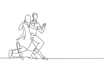 Single continuous line drawing people dancing salsa. Couples, man and woman in dance. Pairs of dancers with waltz tango and salsa styles moves. Dynamic one line draw graphic design vector illustration