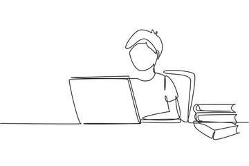 Poster - single continuous line drawing girl studying with laptop and pile of books. back to school, intellig