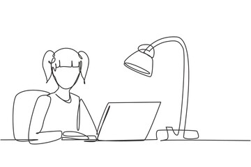 Aufkleber - Single continuous line drawing girl studying with laptop and study lamp sitting on chair around desk. Back to school, online education concept. Dynamic one line draw graphic design vector illustration