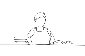 Poster - single one line drawing young male studying with laptop and pile of books. back to school, intellige