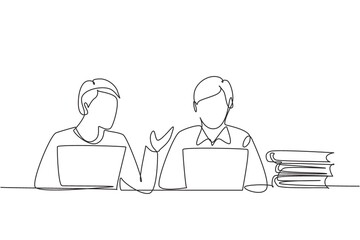 Poster - single one line drawing two young man studying with laptop and pile of books. back to school, smart 