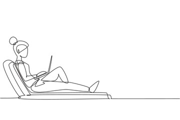 single continuous line drawing girl with laptop sitting on the recliner chair. freelance, distance l