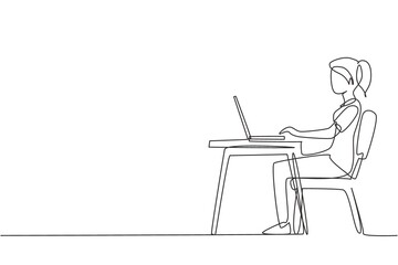 Continuous one line drawing young girl with laptop sitting on chair around desk. Freelance, distance learning, online courses, and studying concept. Single line draw design vector graphic illustration