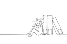 Single One Line Drawing Little Girl Reading, Learning And Backrest On Big Books. Study At Home. Smart Student, Education Concept, Fair. Modern Continuous Line Draw Design Graphic Vector Illustration