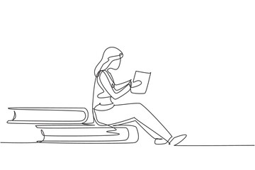 Poster - continuous one line drawing young woman reading, learning and sitting on big books. study in library