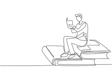 Poster - Continuous one line drawing young man reading, learning and sitting on big books. Study in library. Literature fans, student, education concept. Single line draw design vector graphic illustration