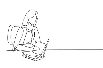 Poster - Single continuous line drawing young woman reading, learning and sitting on chair around table. Study in library. Smart student, education concept. One line draw graphic design vector illustration