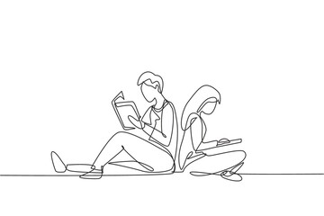 Poster - Single continuous line drawing couple students reading together, learning and sitting at park. Literature fans or lovers, education concept. Dynamic one line draw graphic design vector illustration