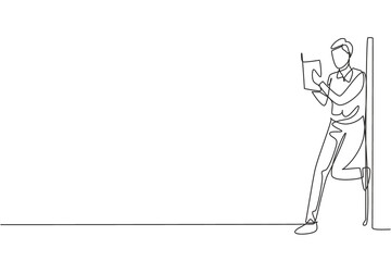 Poster - Single continuous line drawing young man reading, learning and standing one feet on the wall. Study in library. Intelligent student, education concept. One line draw graphic design vector illustration