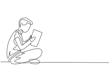 Poster - Continuous one line drawing young male reading, learning and sitting on the floor. Study in library. Intelligent student, education concept, fair. Single line draw design vector graphic illustration